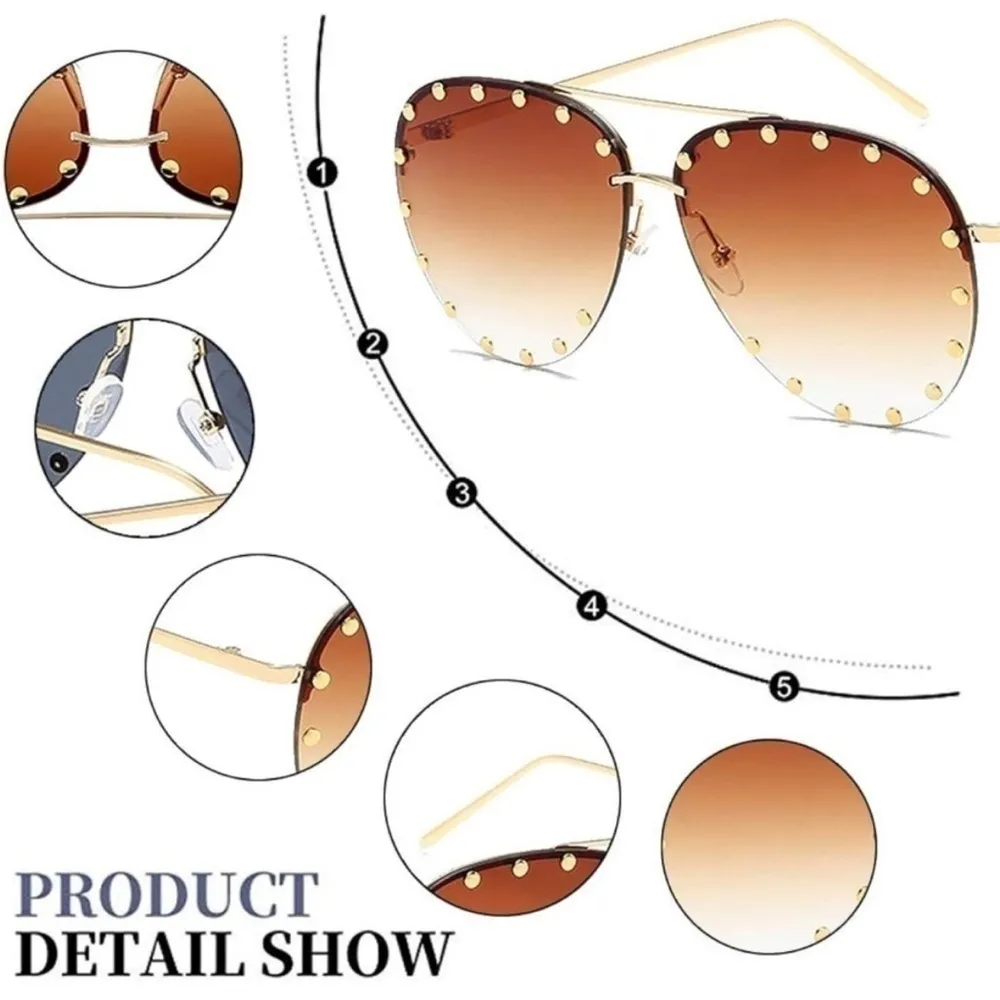 Rimless Oversized Studded Sunglasses. Gold - Image 4