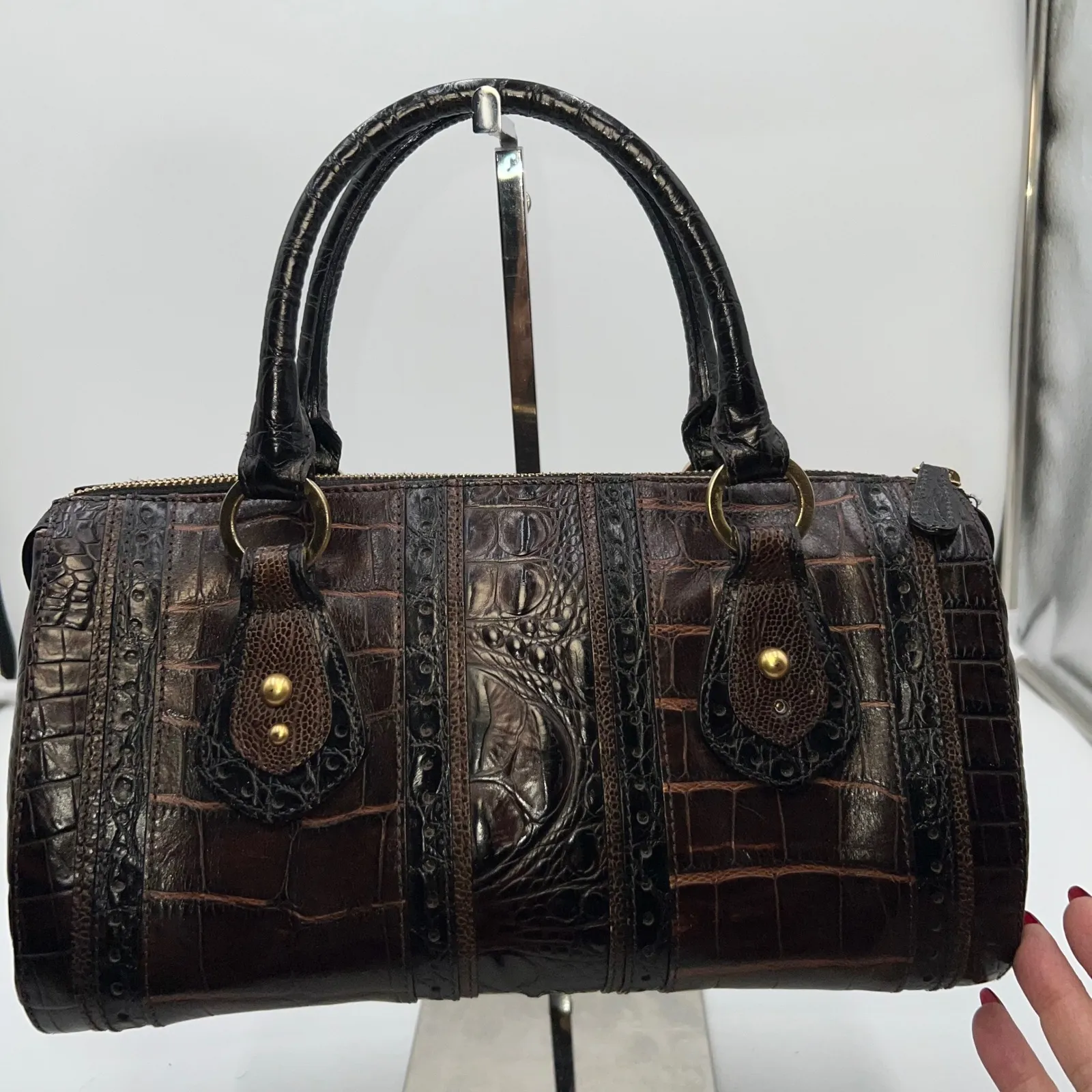 Brahmin Croc Embossed Satchel Handbag Brown Black Gold Accents - Image 8