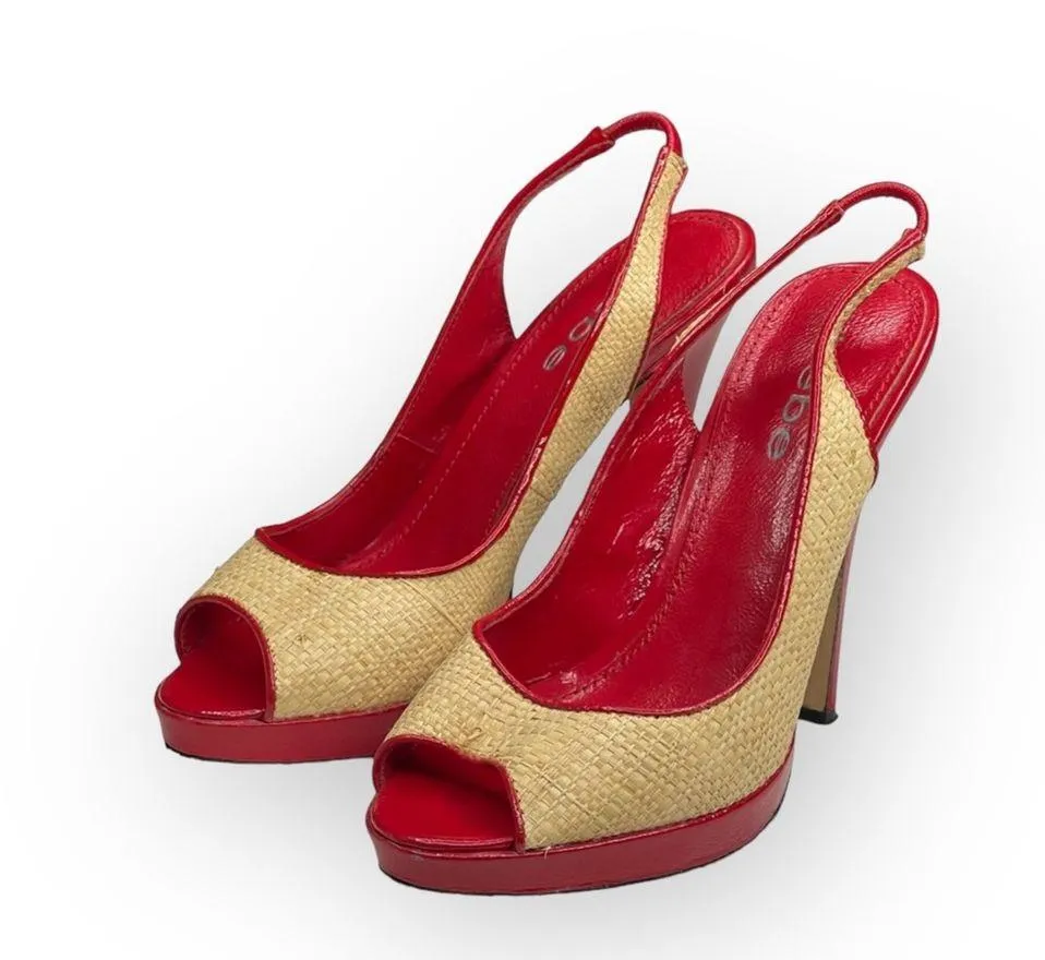 Bebe ᪥ Katie Woven Straw Platform Slingback Heeled Sandals ᪥ Red Leather ᪥ 6M ᪥ - Image 6