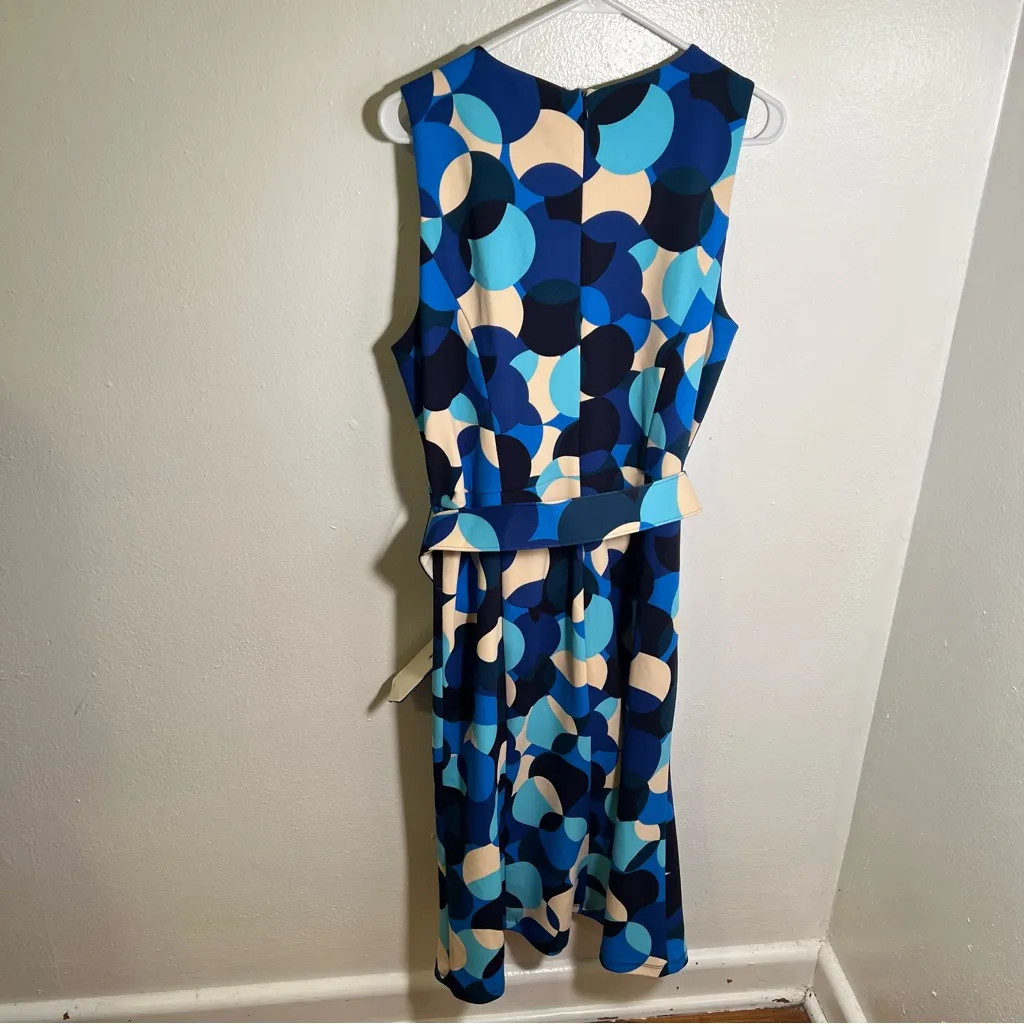 London Times Sleeveless Fluted Sheath Dress with Belt Blue Polka Dots 12 - Image 7
