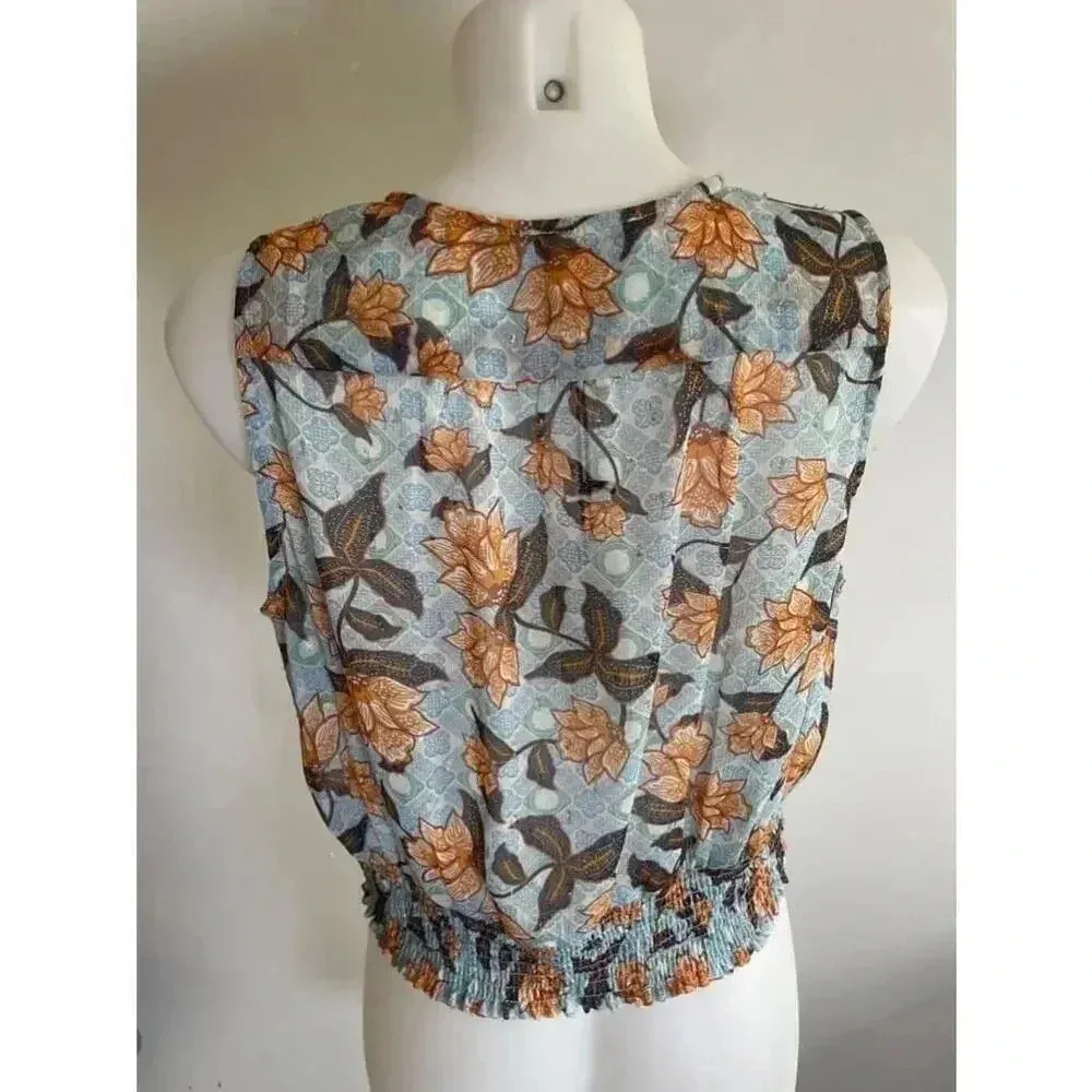 NWT Rachel Zoe Blue‎ Floral Wrap Top Size M Lotus Gold Thread 0159 - Image 5