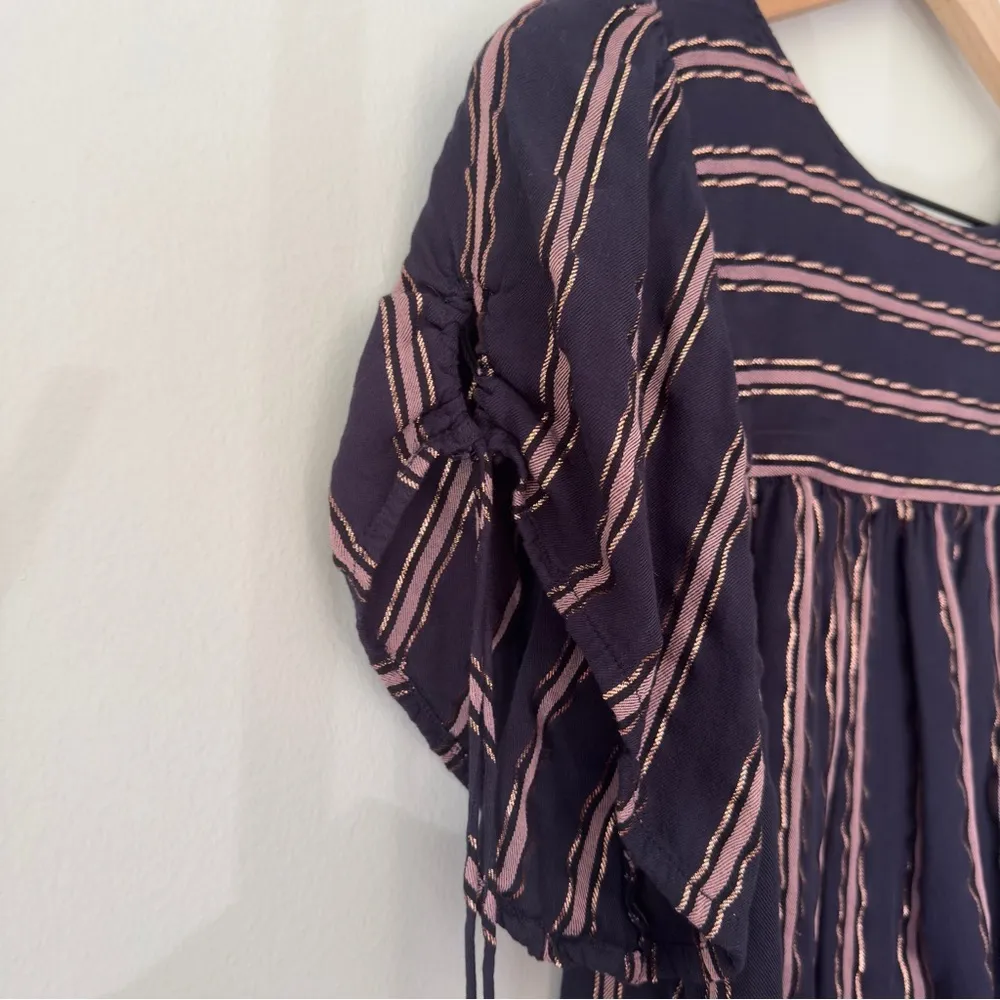 Anthropologie Metallic Striped Keyhole Tie Bow Sleeve Top Button Up Back Viscose - Image 4