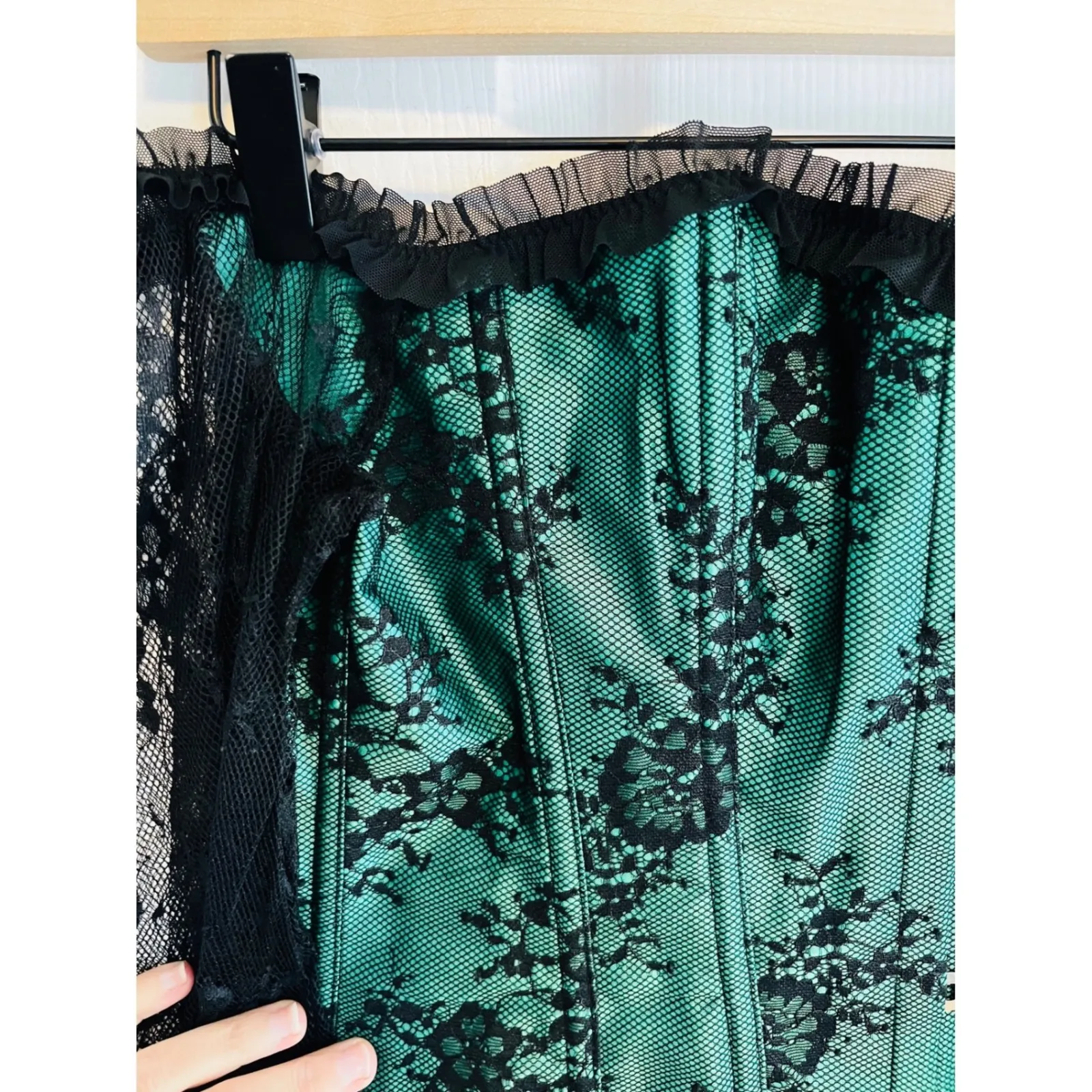 Off Shoulder Lace Corset Top Emerald Green Black Bell Sleeve Boned Bustier Size L - Image 9