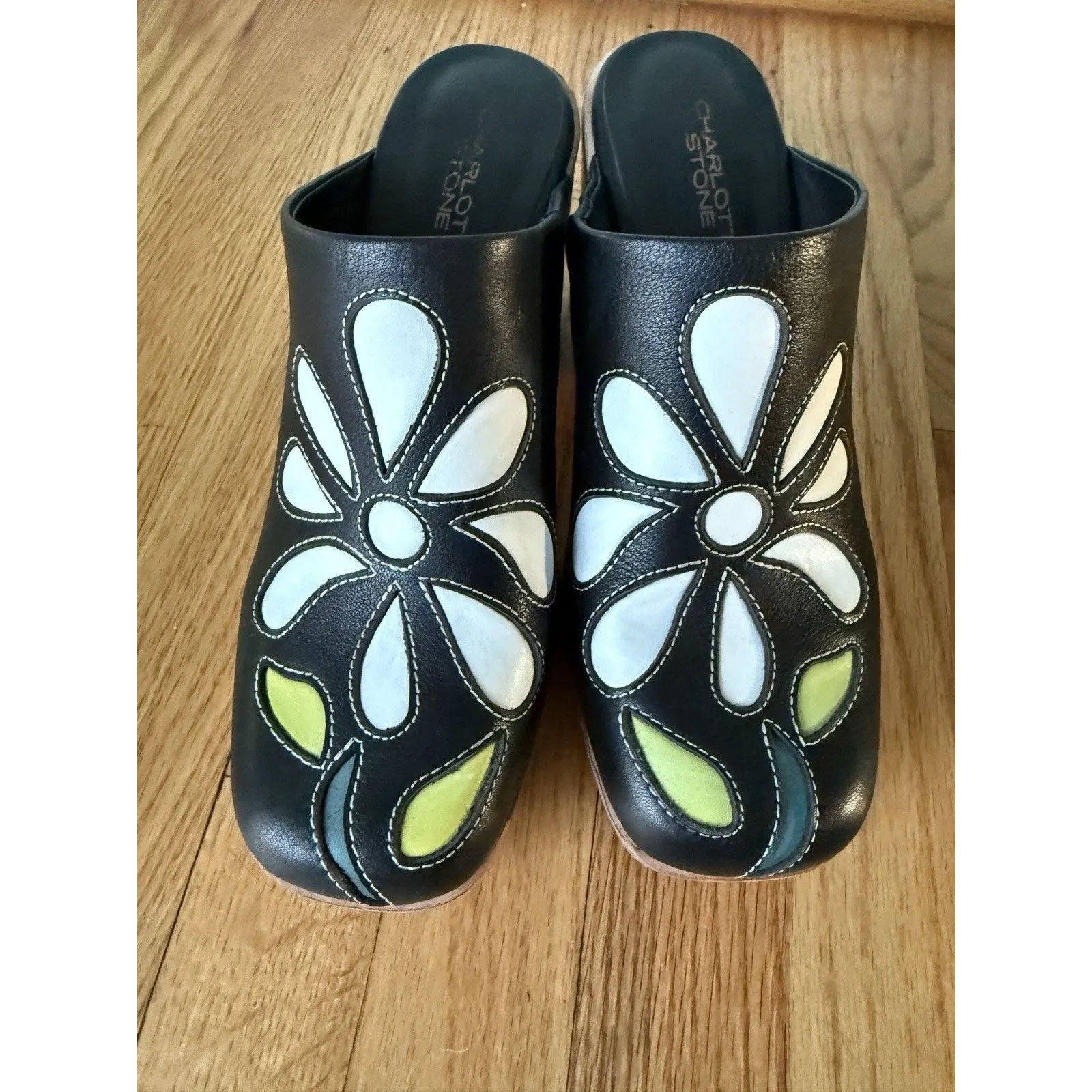 Charlotte Stone Clogs 9 Flower Black Yellow Daisy Shoes Slip On Wooden - Image 2