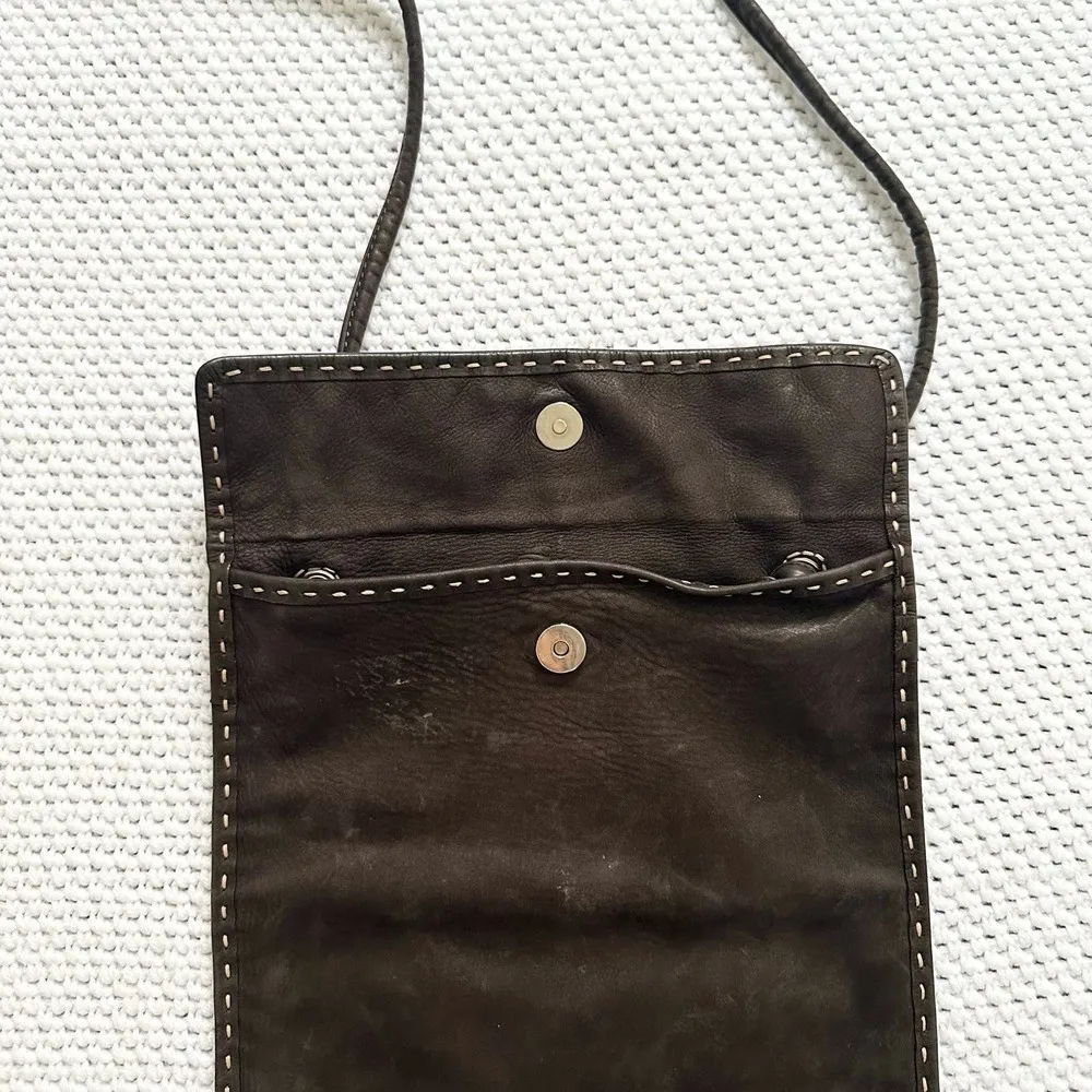 Helen Kaminski Brown Nubuck Soft Leather Contrast White Stitch Crossbody Pouch - Image 4