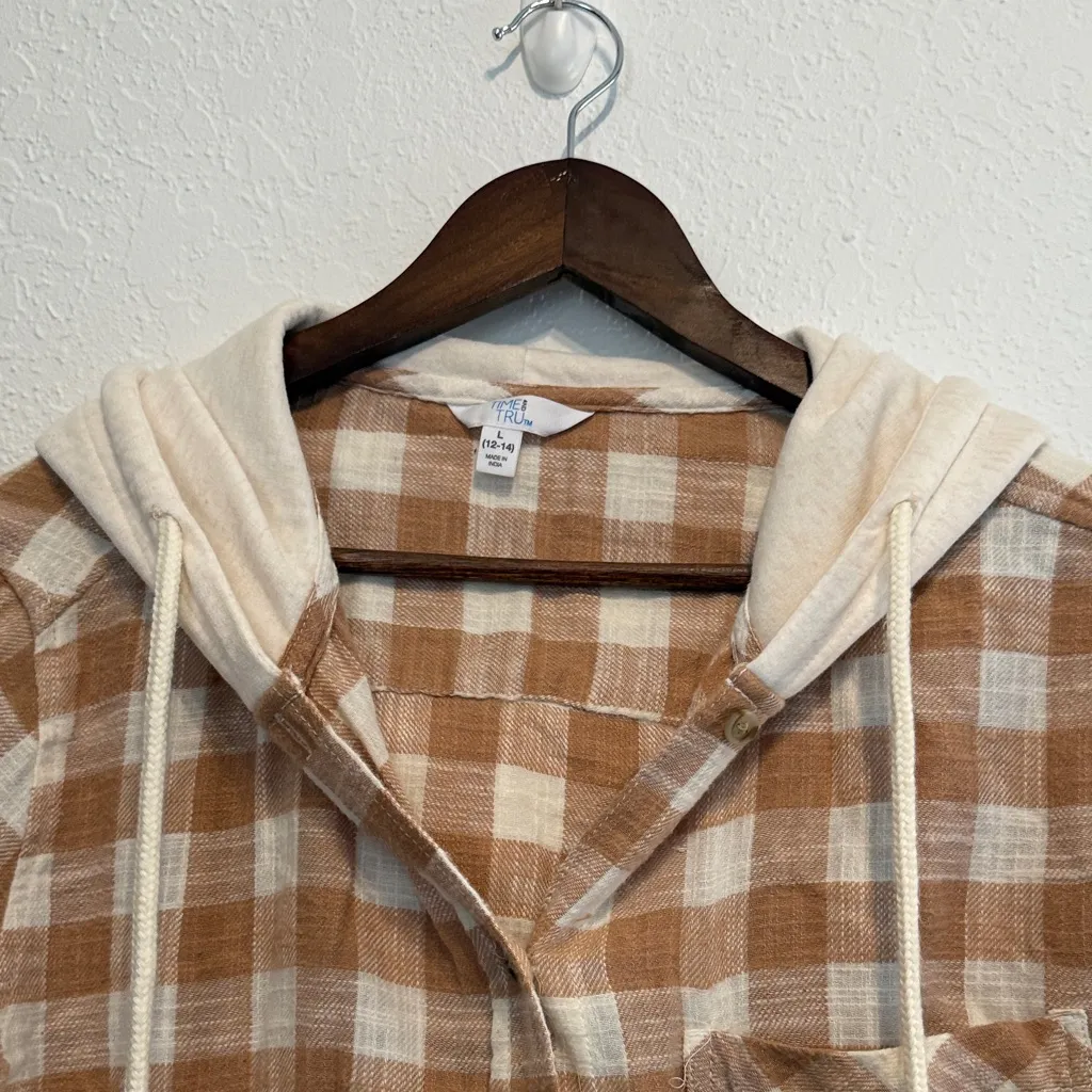 Time And Tru Tan Plaid Hooded Flannel Button Down Shirt L Soft Casual Fall Top - Image 4