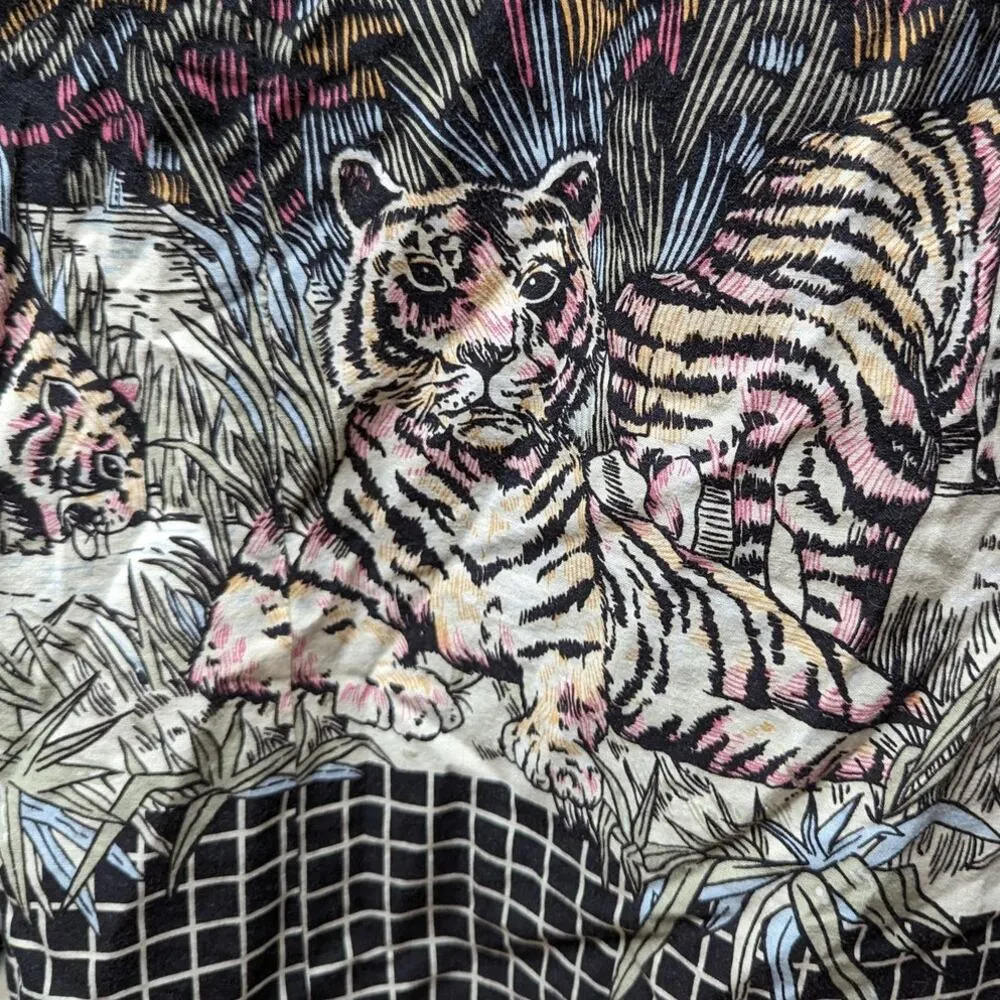 Vtg 1960s Smart Time Ivory Black Windowpane Tiger Print Zip Up House Dress S - Image 4