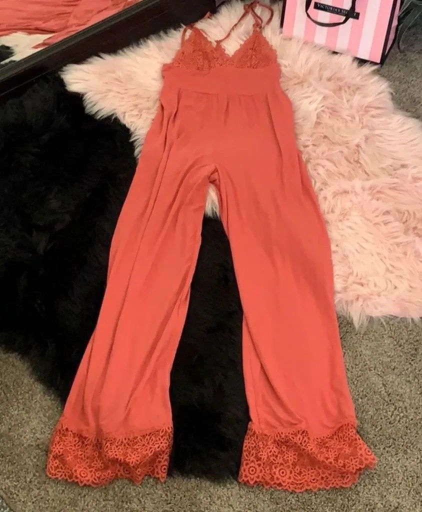 VS Heavenly Lace Trim Coral Super Comfortable & Sexy Jumpsuit - Image 4