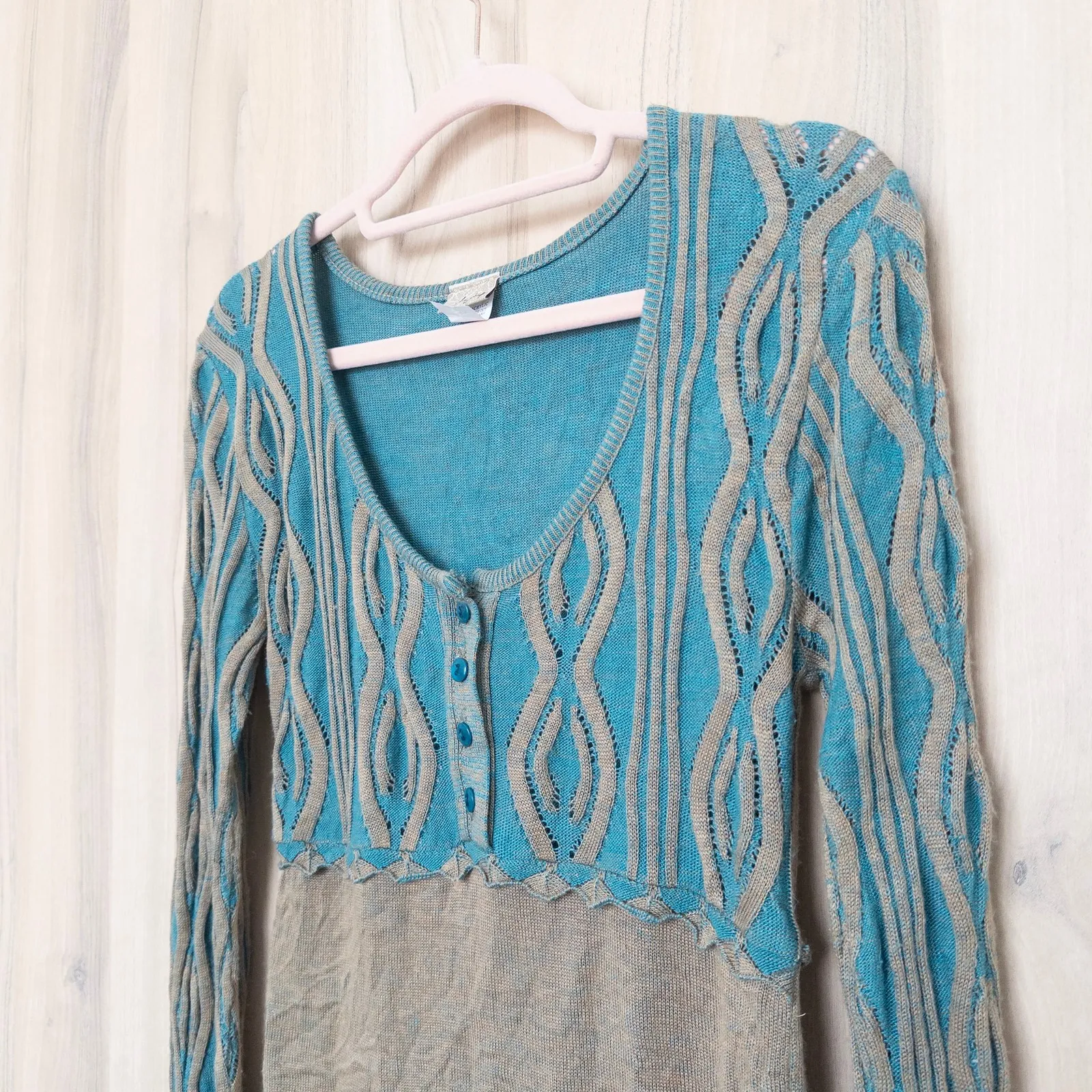 Vintage Y2K Daytrip Womens Babydoll Top Size M Blue Tan Cable Knit Long Sleeve - Image 4