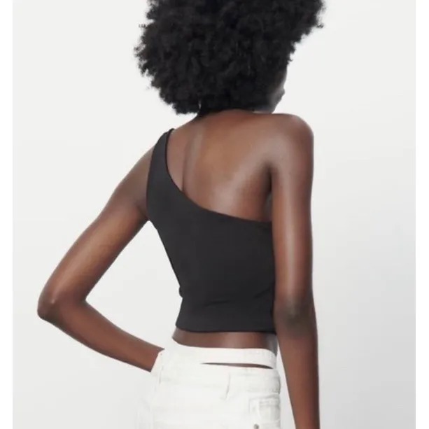 Zara Women's Black One Shoulder Ruched Asymmetrical Tank Cropped Trendy‎ Top # - Image 2