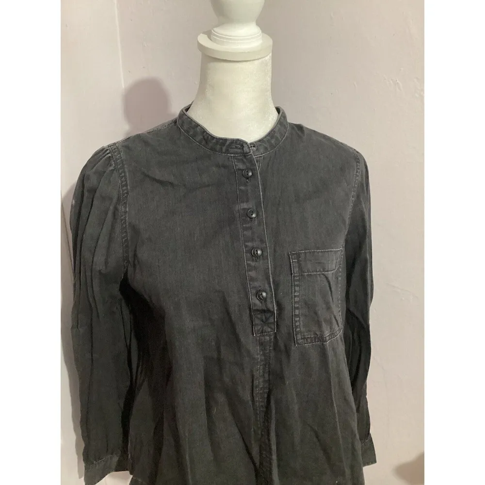 Madewell Denim Collarless Popover Shirt Faded Black Pleated Sleeves - Image 3