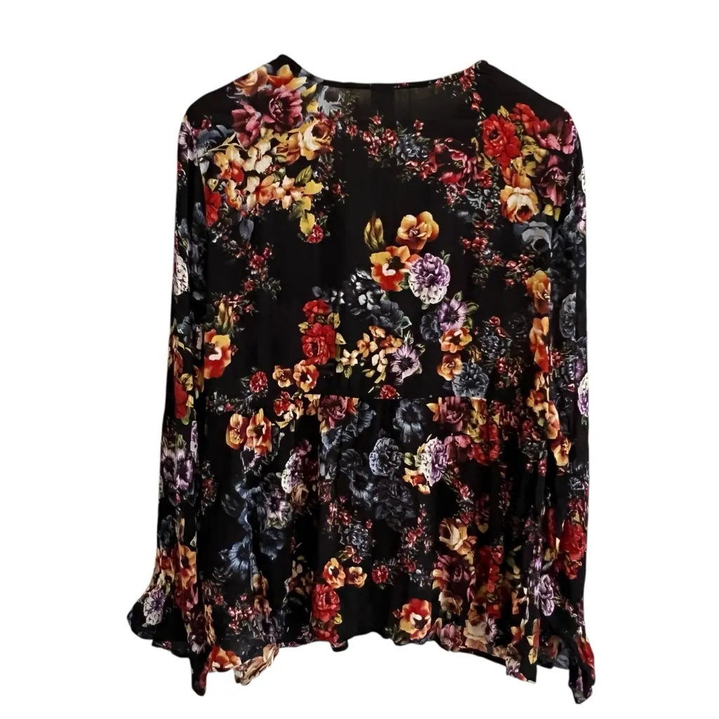 Bila Womens Floral Babydoll Top Size L Boho Peasant Bloomcore Dark Fairy Loose Black Size L - Image 4