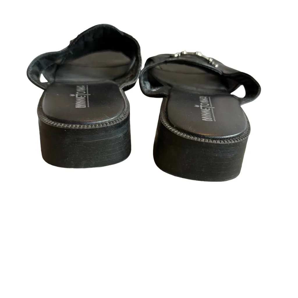 Minnetonka Black Leather Slide Sandals Silver Buckle Classic Size 9 Narrow Women - Image 10
