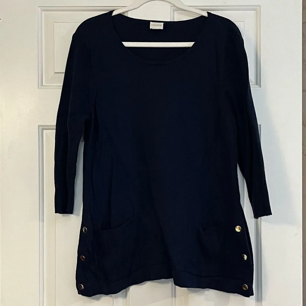 Chico’s Blue Tunic Sweater Pocket Button Detail Size 10 - Image 2