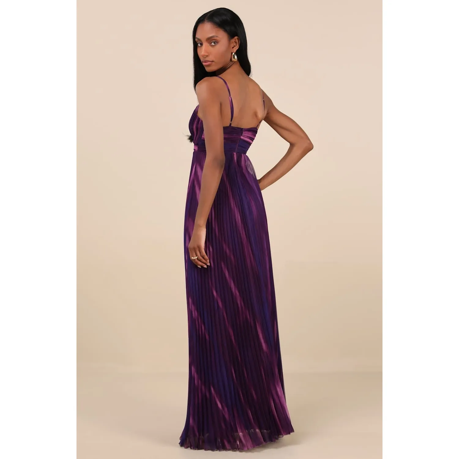 NWT Lulus Lovely Boldness Purple Multi Watercolor Pleated Maxi Dress Prom Sz M - Image 3