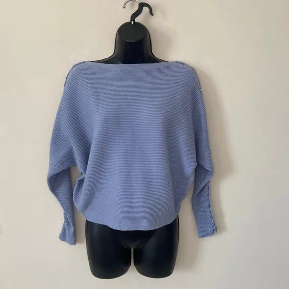 Magaschoni Blue Boatneck Sweater Shirt Size Medium Thick Blanket Stitch Details - Image 2