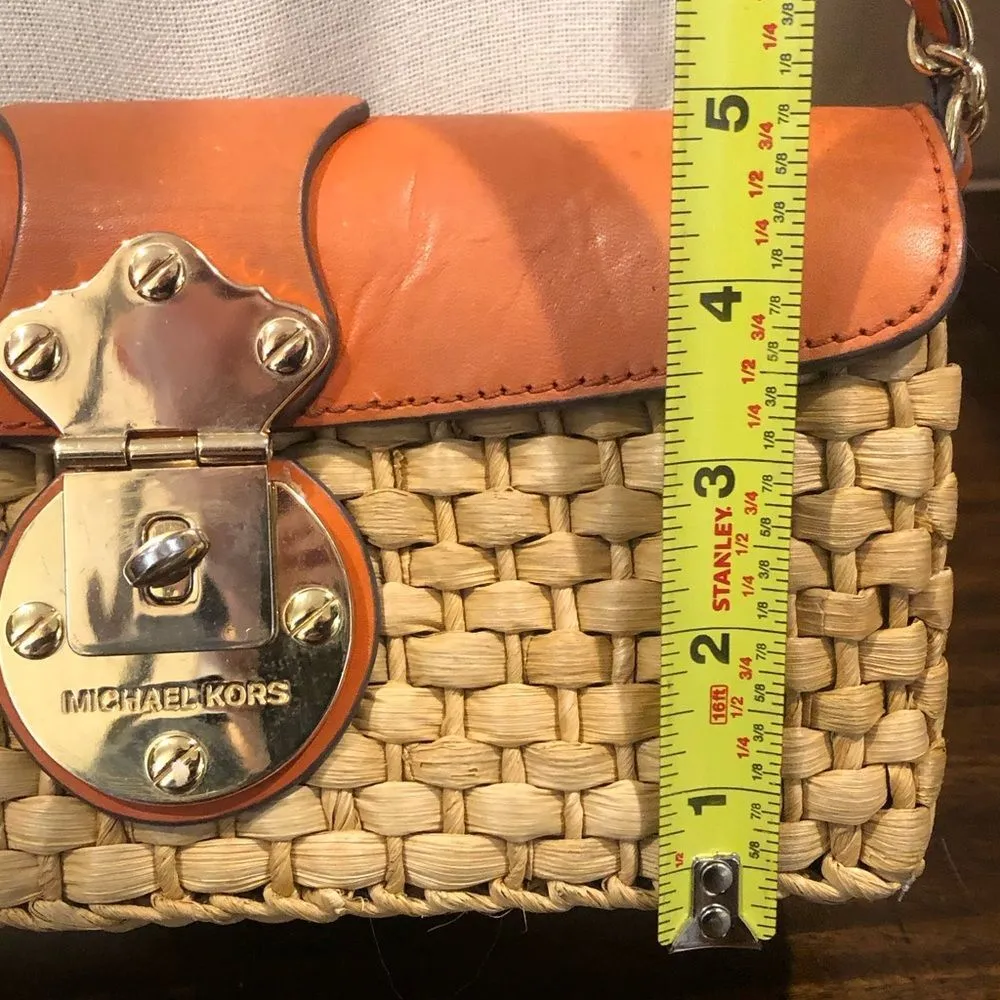 Vintage MICHAEL KORS Rattan Leather Clutch Gold Turn Lock Chain & Leather Strap - Image 12