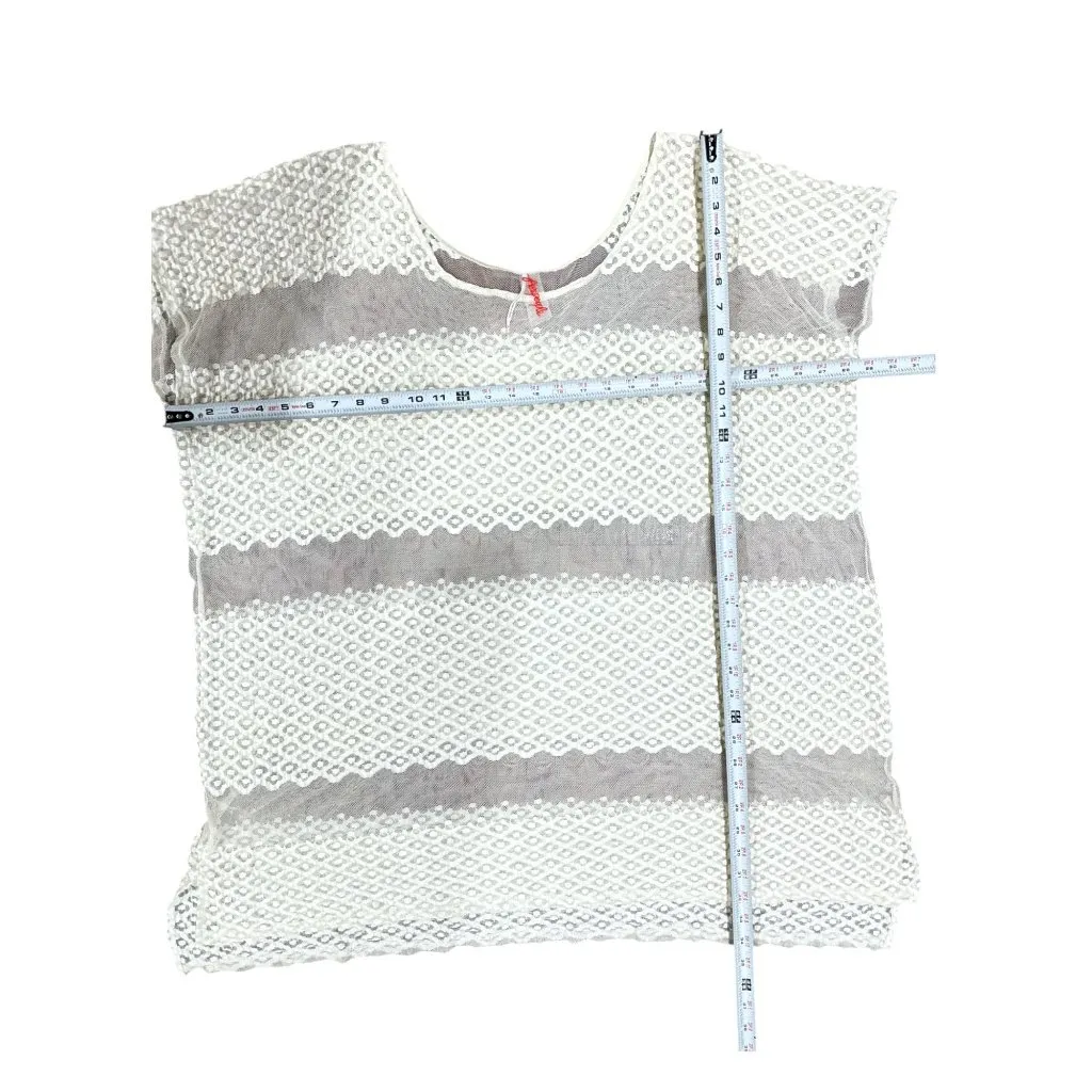 Free People Ivory Lace Tunic Top M Cotton Blend Womens Boho Sheer Short Sleeve - Image 9