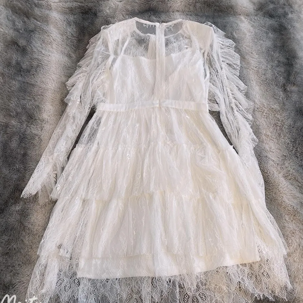 White Lace Layered Tiered Black Ribbon Bow Balletcore Babydoll Mini Dress Size XS - Image 11