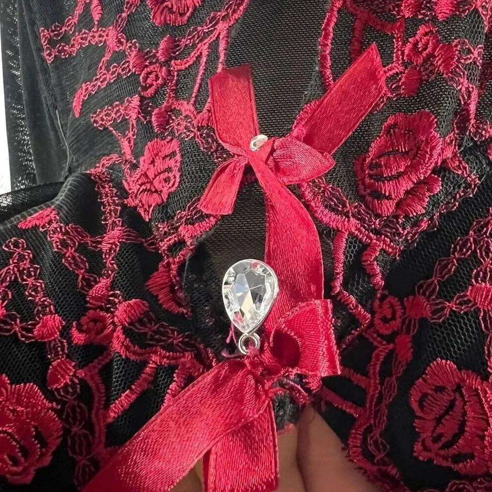 Just Sexy Lingerie Sheer Black Red Lace Lingerie Bustier Womens Size 3X - Image 3