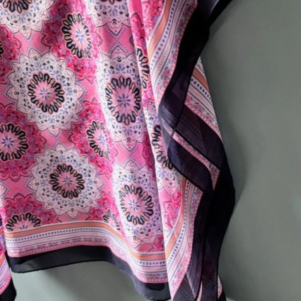 Talbots Womens Pink Navy Blue Lotus Floral Sheer V Neck Shawl Coverup L/XL - Image 4