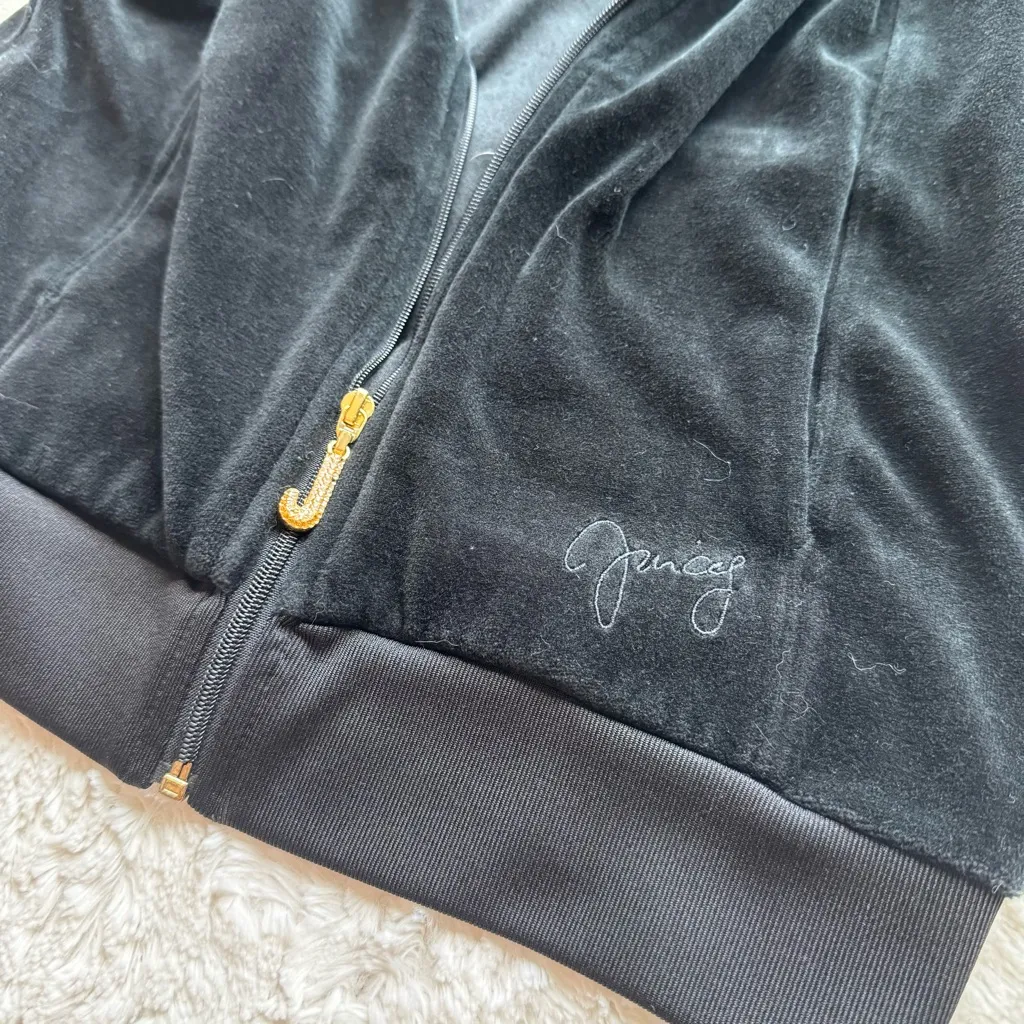 Y2K Juicy Couture Velour Zip Up Hooded Jacket Size M Black Logo Embellished - Image 3