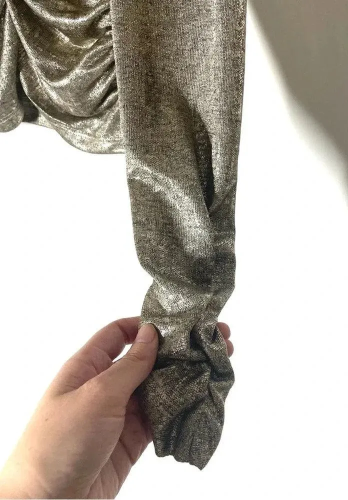 Rachel Zoe Metallic Silver Ruched Long Sleeve Blouse Size Small - Image 4