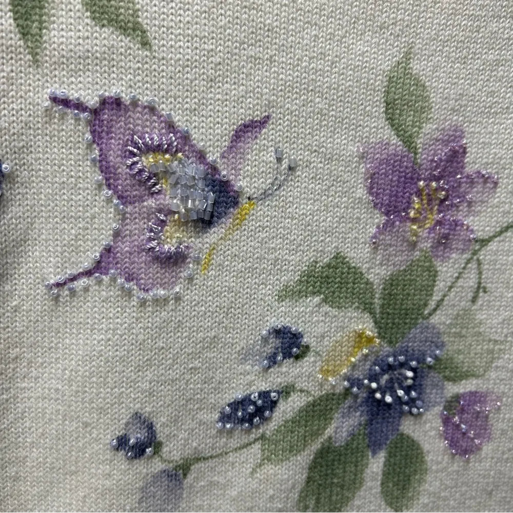 Vintage Alfred Dunner Sweater-Size Large- Floral, Butterfly Print W/Seed Beads - Image 7