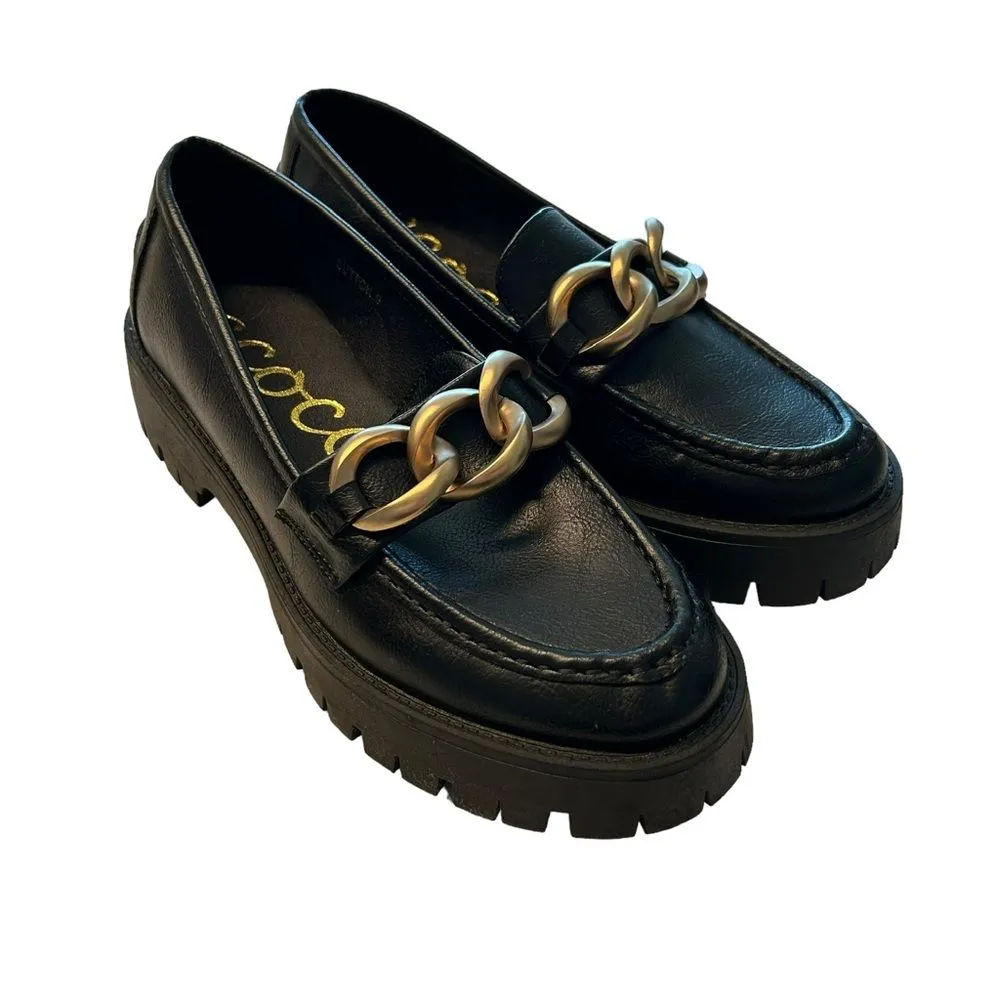 CCOCCI Women’s‎ 9 Sutton Loafers Black Chunky Gold Chain Accent Lug Academia - Image 2