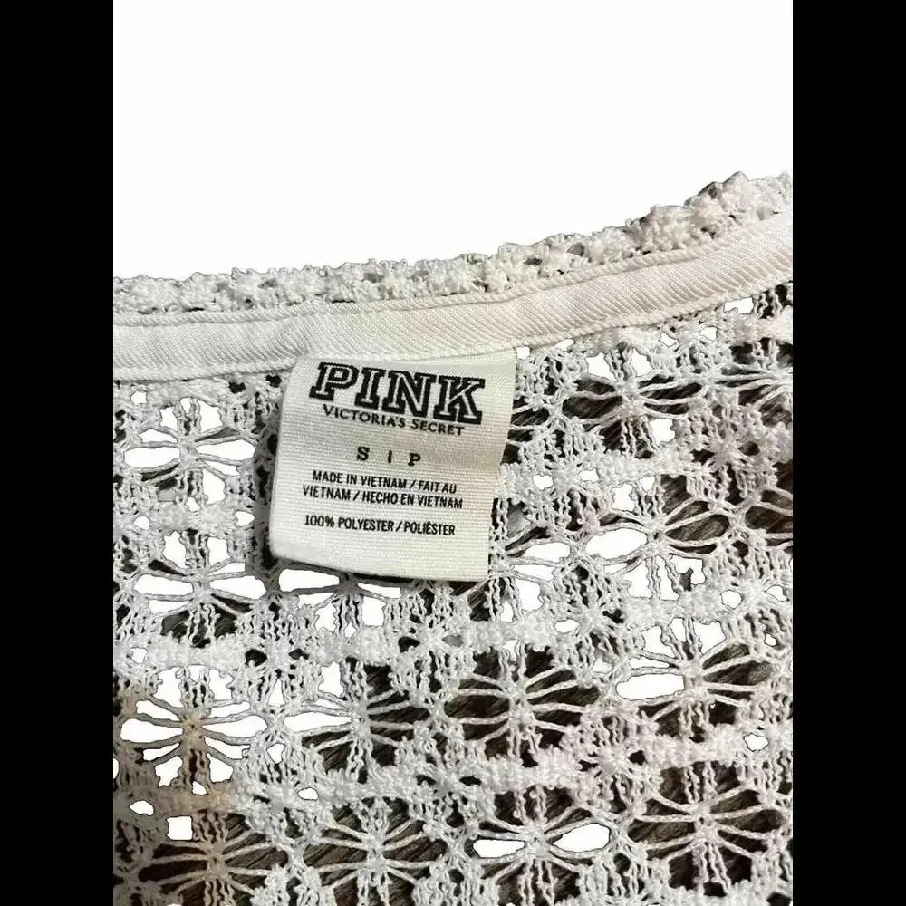VS Pink Boho Hippie Trendy Crochet Crop Tank Swim Cover Small White - Image 2