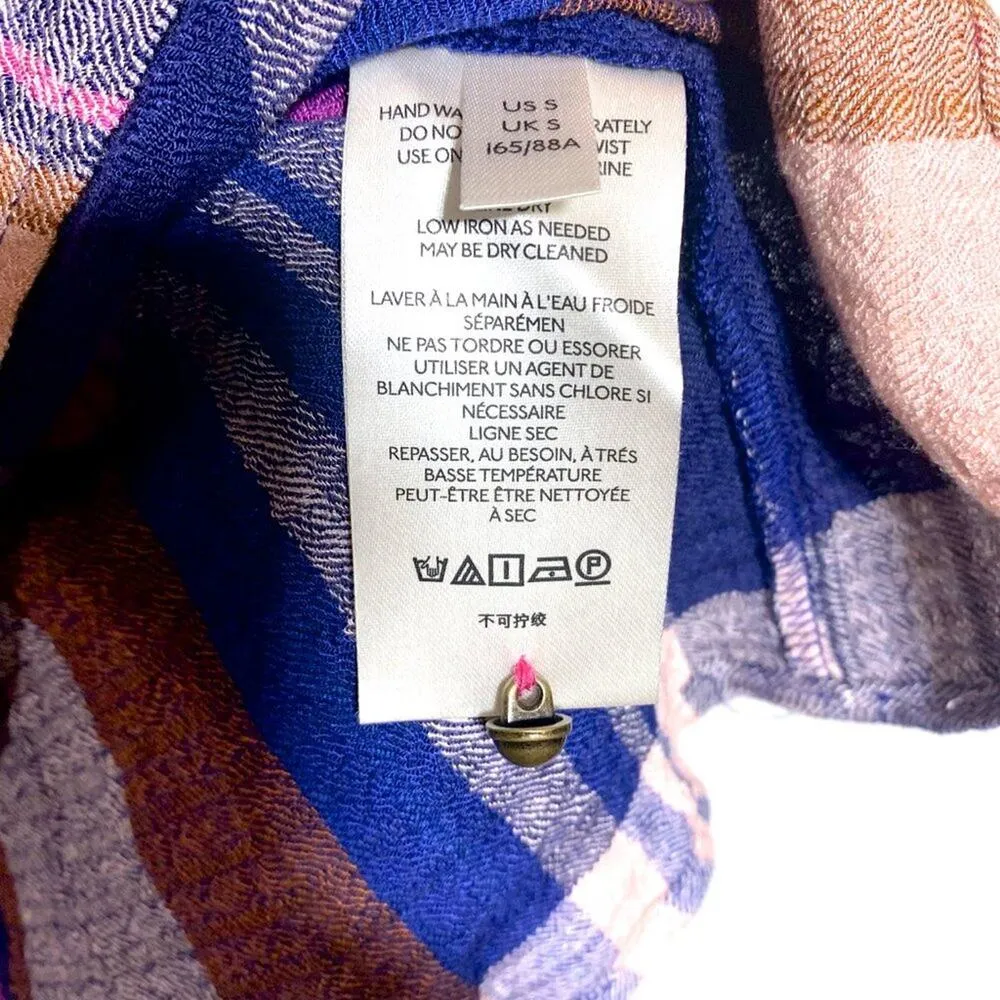 Pilcro Anthropologie Plaid Peplum Smocked Waist Long Sleeve Top Pink Navy Small - Image 11