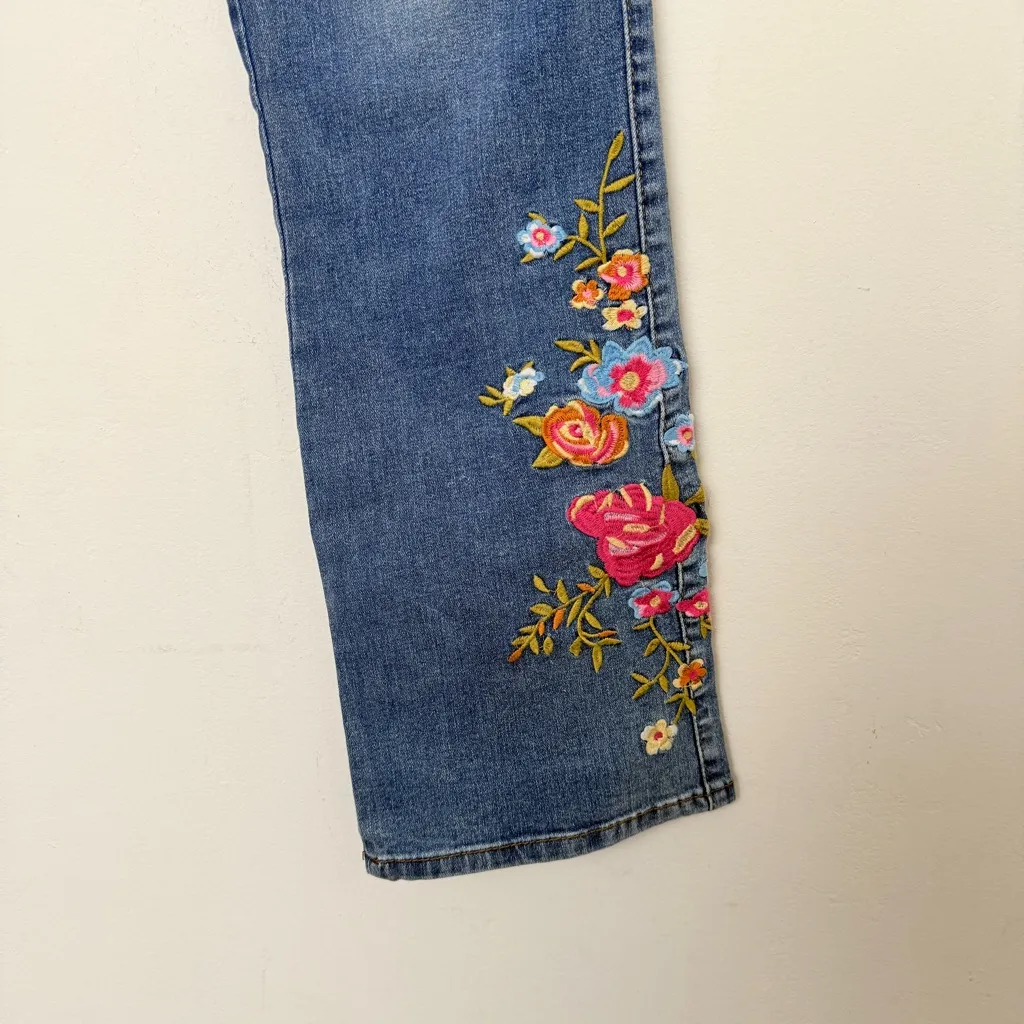 Flamingals Floral Embroidery Mid Waist High Stretch Bootcut Jeans with Pockets Blue Size XL - Image 5