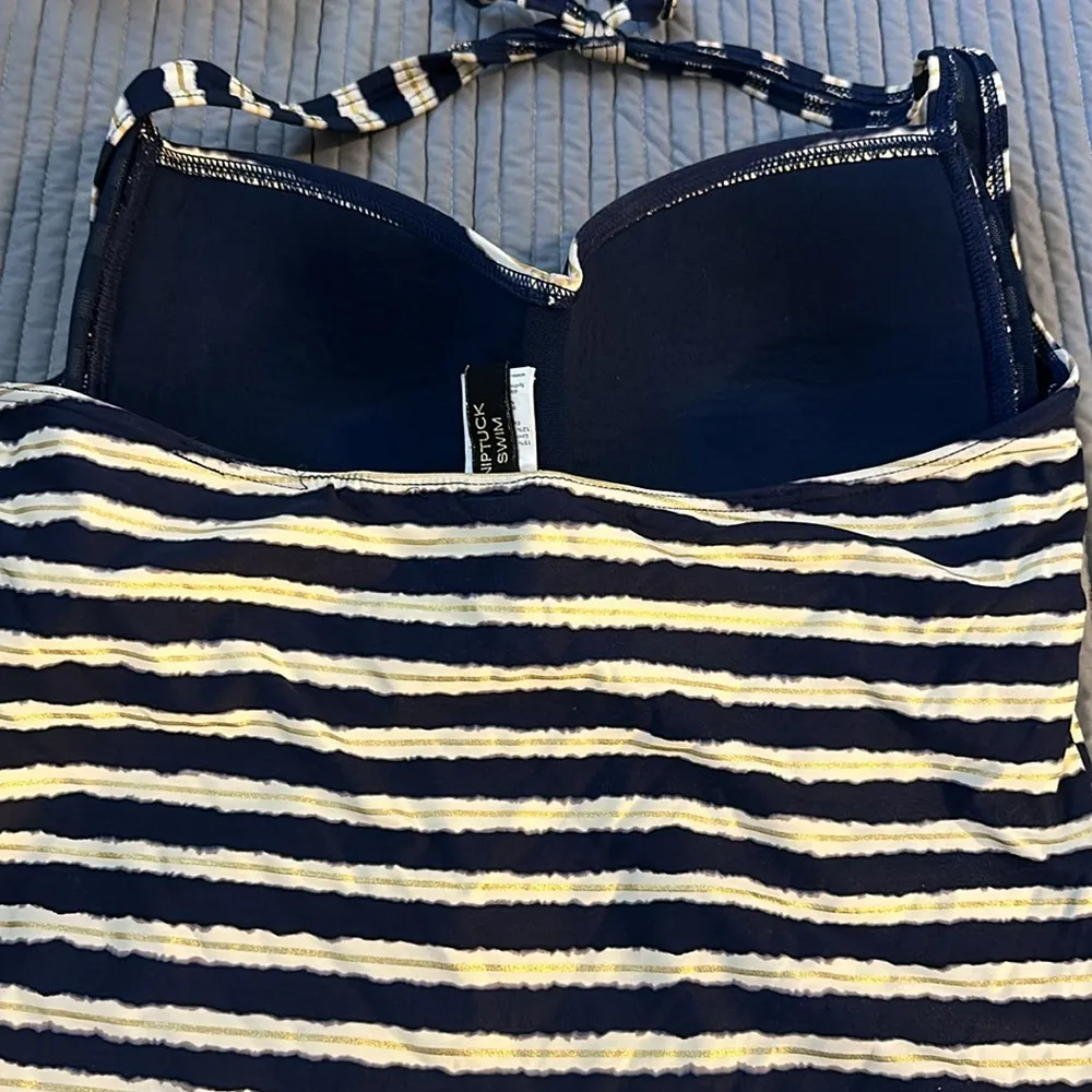 NIPTUCK SWIM Halter Swimsuit Navy Cream Gold Stripes Padded Size 12 EUC #1615 Blue - Image 6