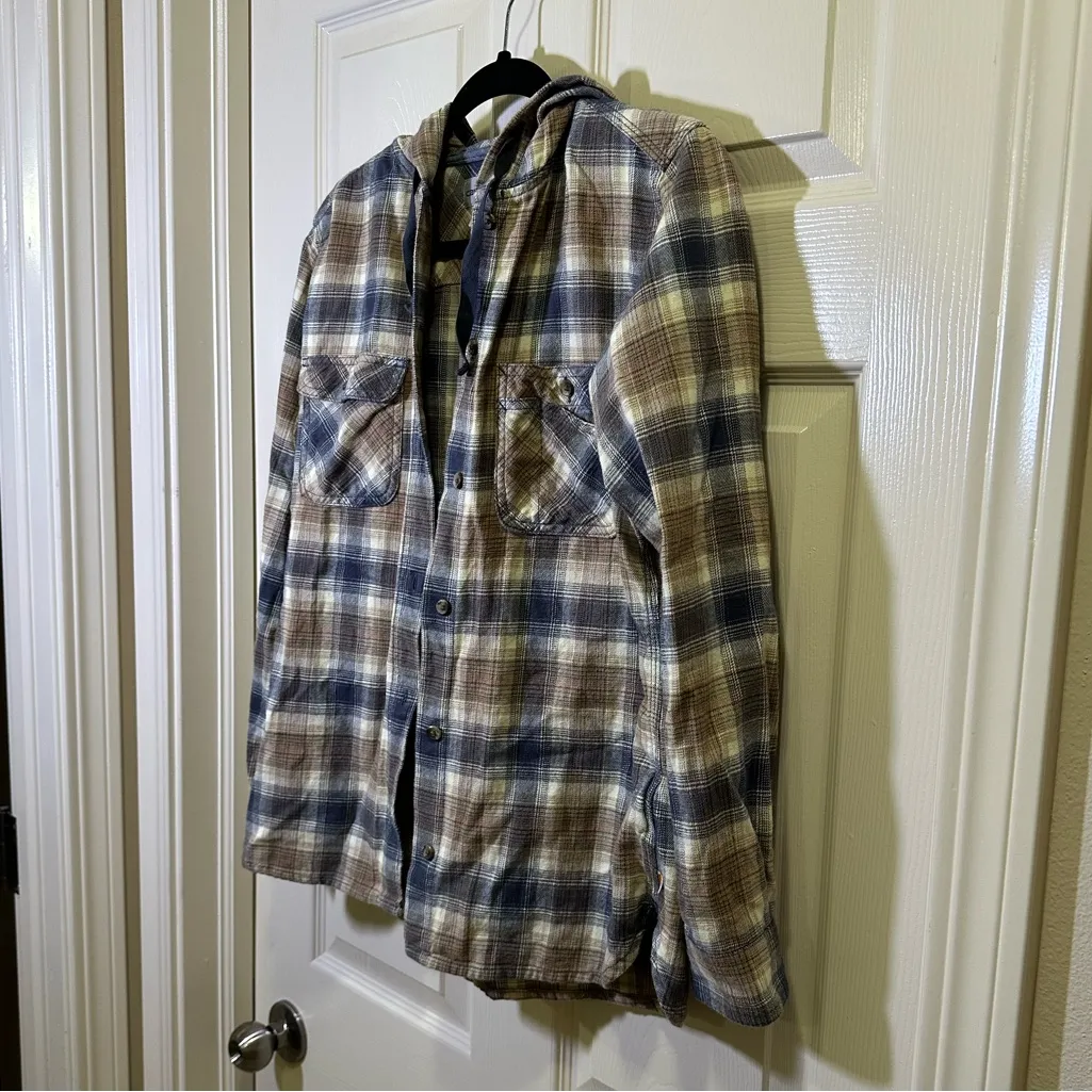 Carhartt Relaxed Fit Flannel Hooded Plaid Shirt Size Medium Blue Tan Button Down - Image 5