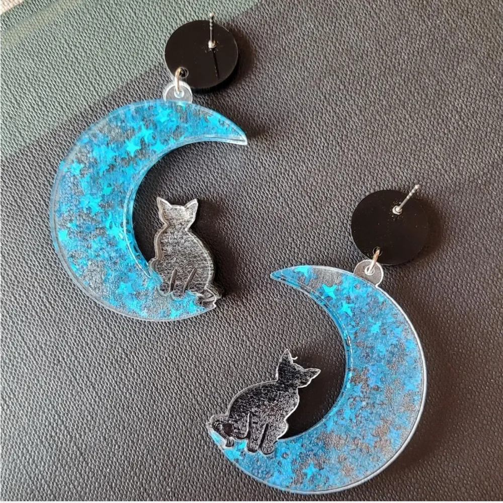 Acrylic blue glitter and black POST backed moon and black cat halloween earrings - Image 2