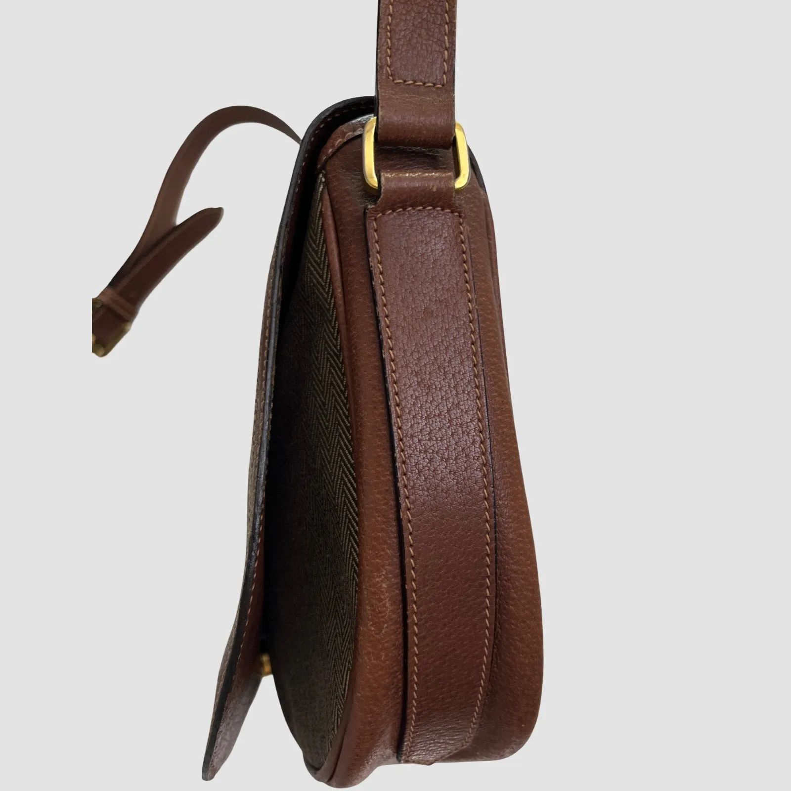Mark Cross Vintage Herringbone Canvas & Leather Crossbody Shoulder Bag Italy Brown - Image 9