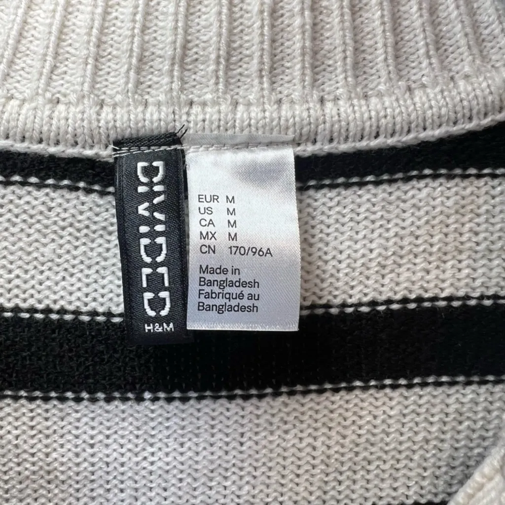 H&M Divided Cropped Polo Sweater Striped Ivory Black Stretch Preppy Women Medium - Image 3