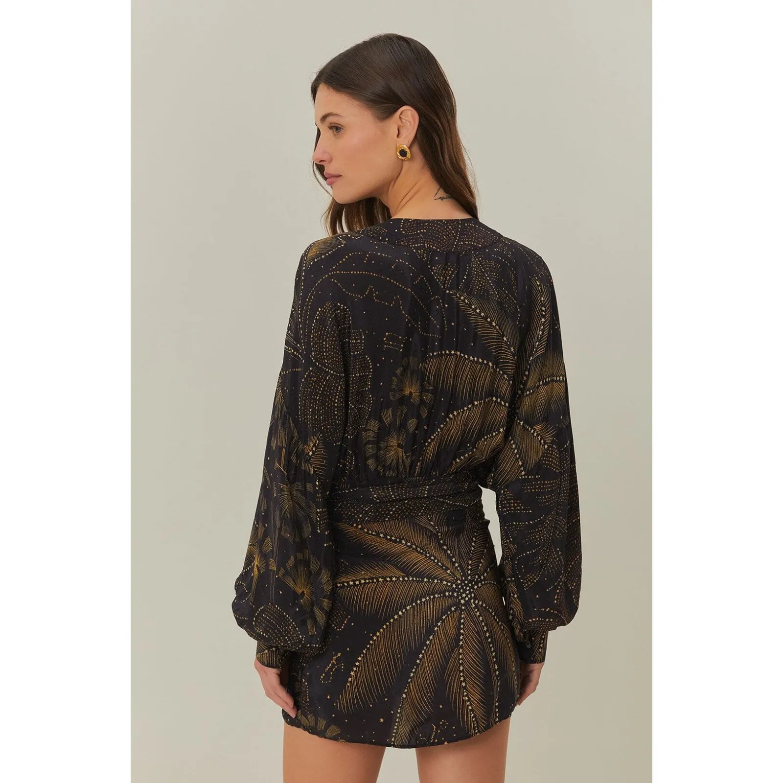 FARM RIO Womens Golden Foliage Puffy Sleeve Wrap Mini Dress Black XL (MSRP $298) - Image 2