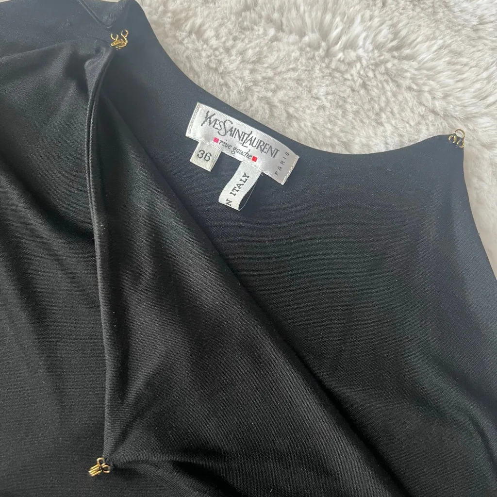 Women's VINTAGE Yves Saint Laurent Black Long Sleeve Dress US 6 Gold Accents Size undefined - Image 4