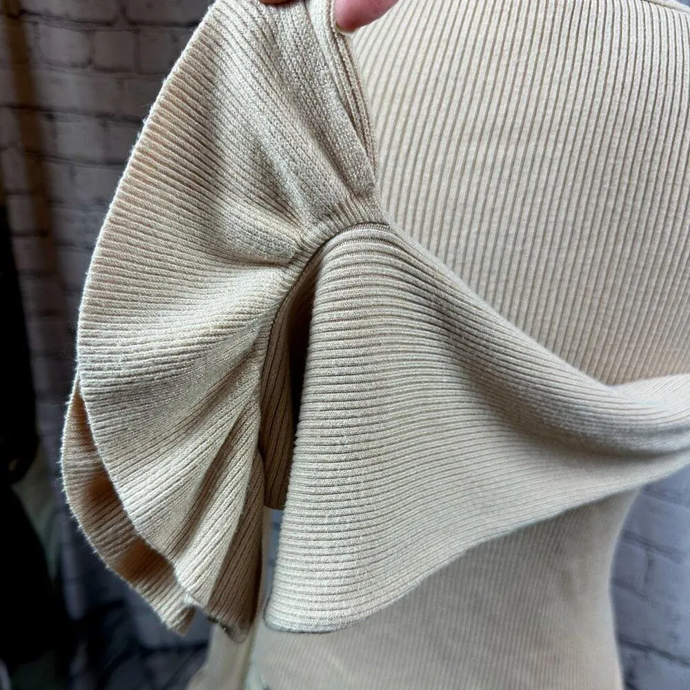 Express Cold Shoulder Ribbed V-Neck Bell Sleeve Sweater - Blush - size M - Image 6