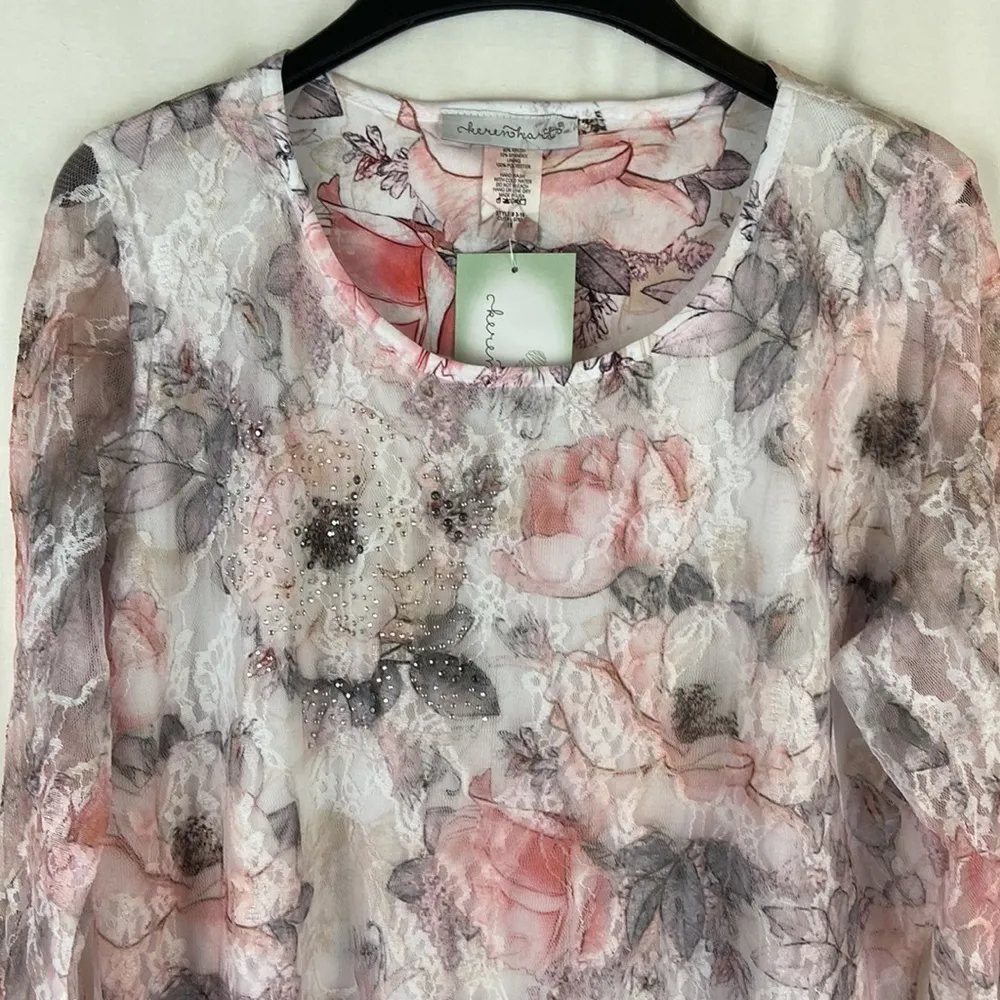 Keren Hart Sheer Floral Lace Overlay & Rhinestones Tunic Top Pink & Gray Roses - Image 3