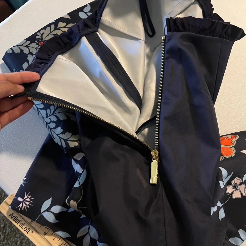 Ted Baker Navy Floral Butter Fly Print Ruffle High Waist Tapered Leg Pant Size 4 - Image 11