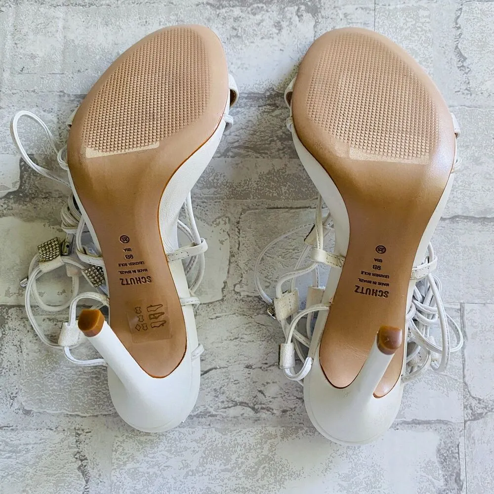 New Schutz Kallie White Nappa Leather Rhinestone Lace-Up High Heel Sandals Sz 9B - Image 8