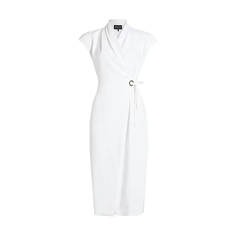 Giorgio Armani Cady Wrap Midi Dress 46 US 10 White Cap Sleeve Timeless Luxury - Image 2