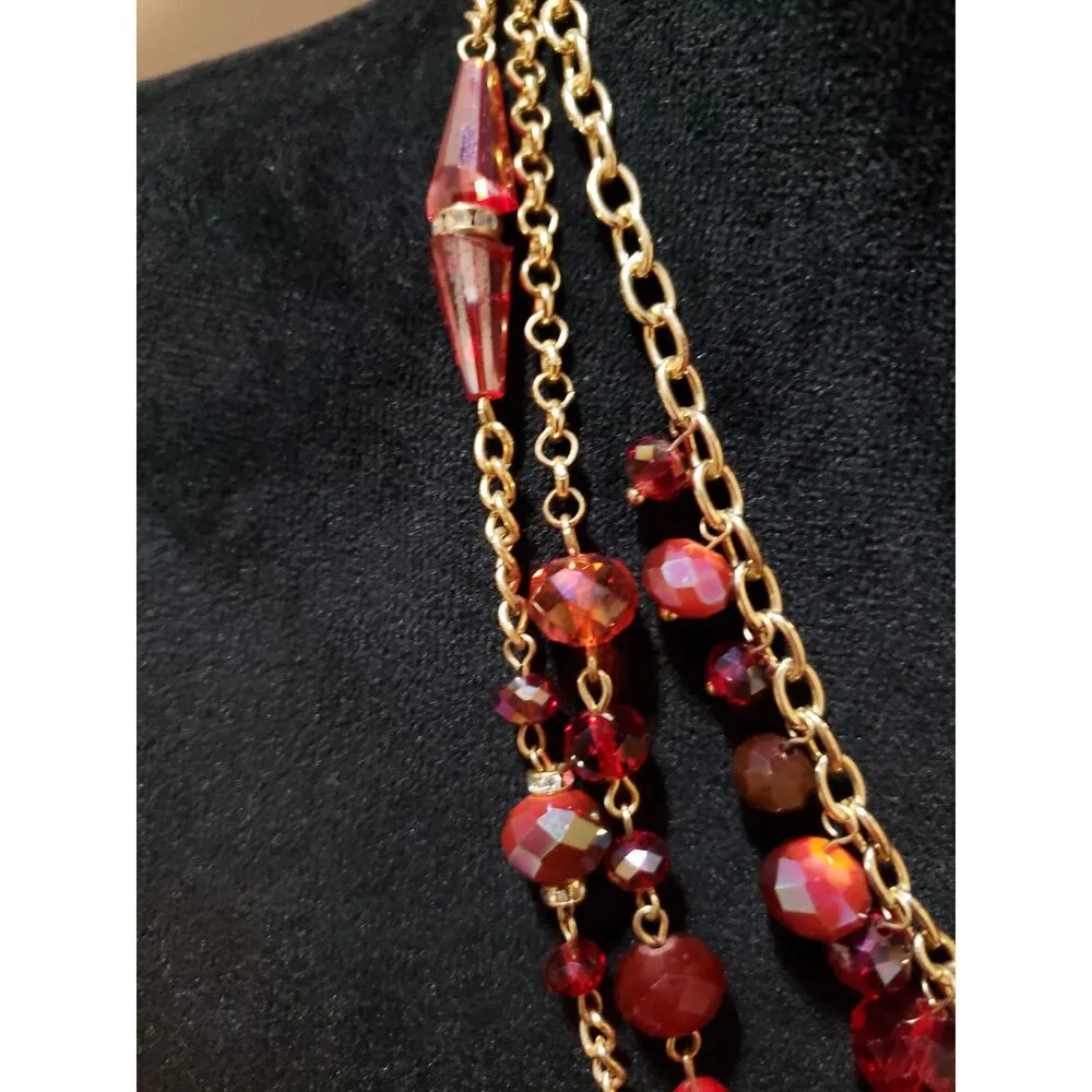 Ali Khan Womens 3 Strand Gold Tone Red Beads Aurora Borealis Necklace Jewelry - Image 5