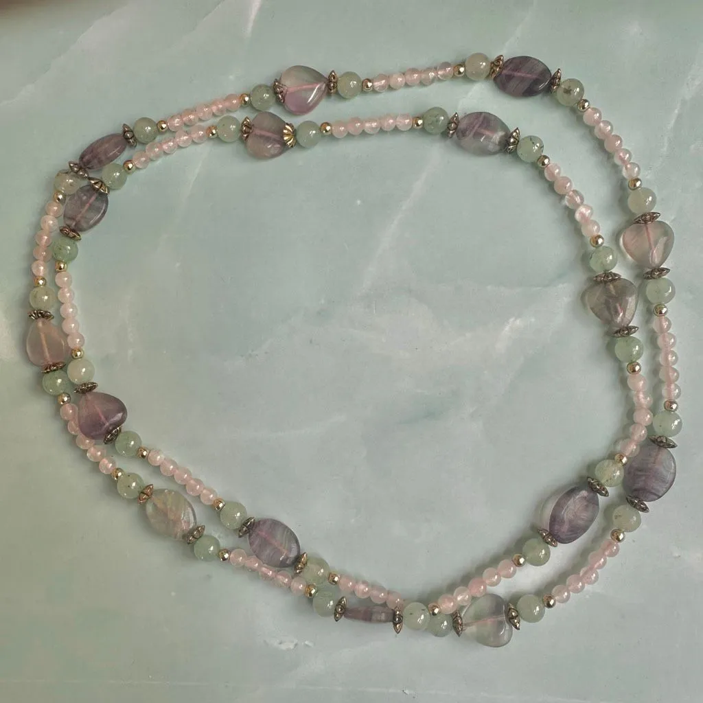 Vintage Fluorite, Rose Quartz & Aventurine Long Necklace w/ Gold - Image 4