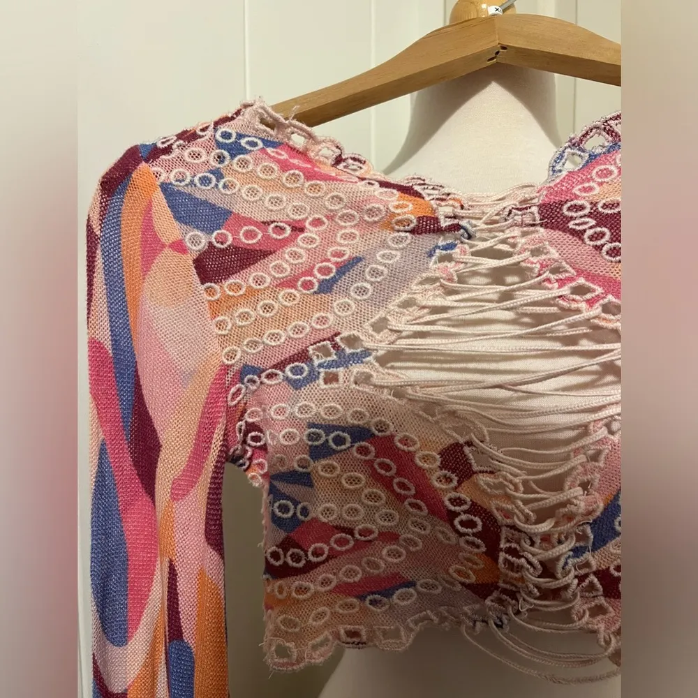 Free People $138 Eyes on You Butterfly Sleeve Crop Top Size XS Pink Multicolor - Image 8