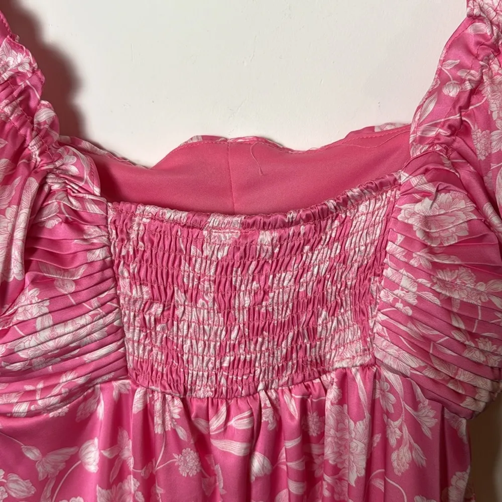 New B. Darlin Puff Short Sleeve Square Neck Pink Floral Smocked Babydoll Dress - Image 6