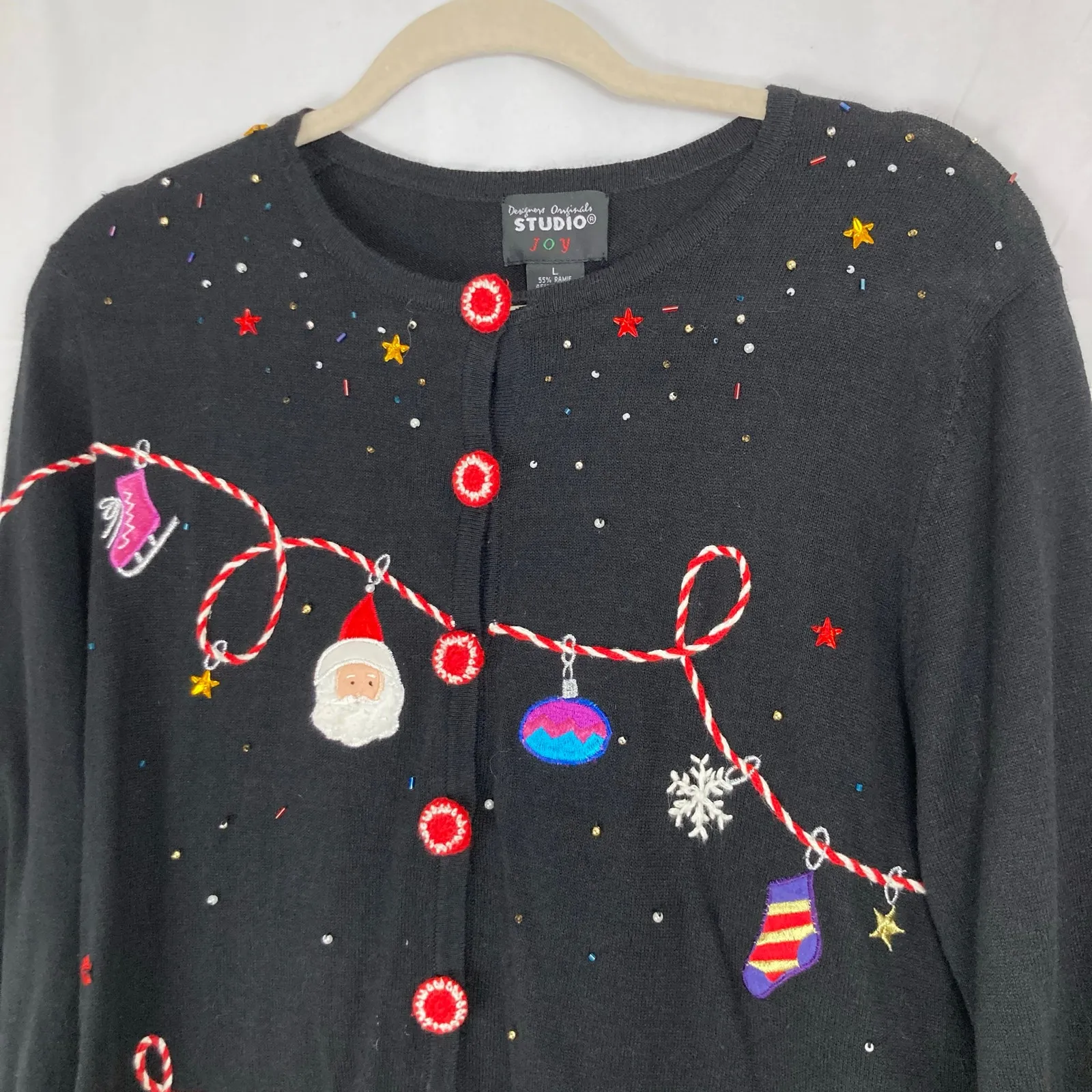 VTG Studio Joy Womens L Christmas Holiday Embroidered Sweater Santa Claus Winter Black Size L - Image 3