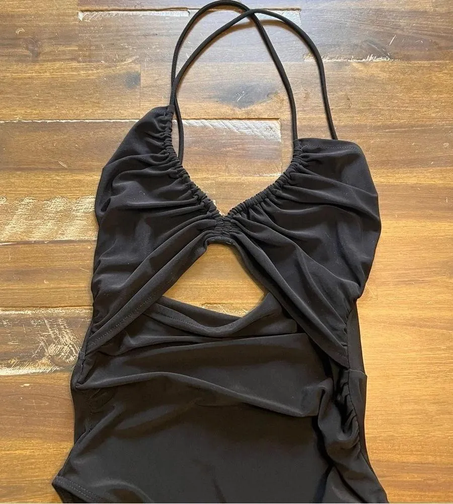 Zara Ruched Black Strappy Bodysuit Open Back Cutout Small Layering - Image 7